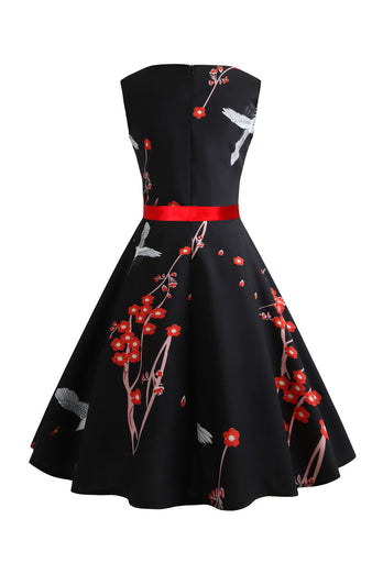 Black Sleeveless Printed Swing Vintage Dress