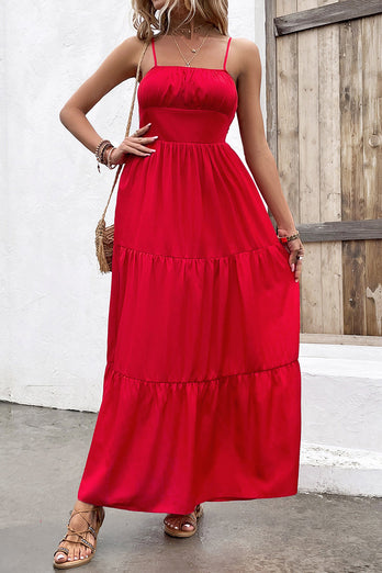 Red Open Back A Line Spaghetti Straps Summer Dress