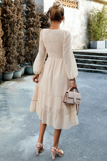Pink A-Line Long Sleeves Midi Casual Dress
