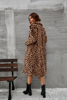 Brown Leopard Printed Faux Fur Long Women Coat