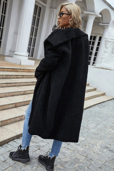 Black Lapel Neck Long Faux Fur Women Coat
