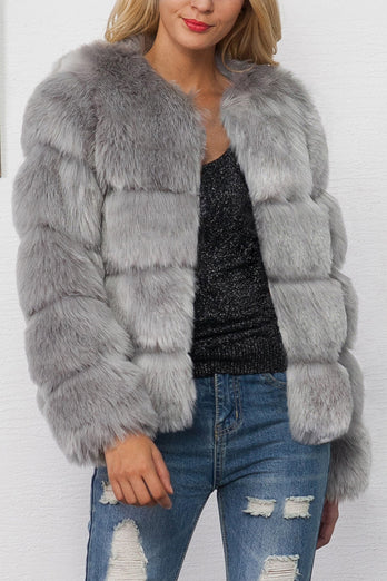 Grey Shawl Lapel Cropped Women Faux Fur Coat