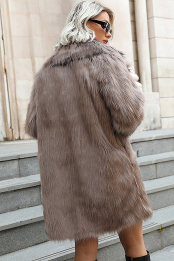 Khaki Midi Lapel Neck Women Faux Fur Coat