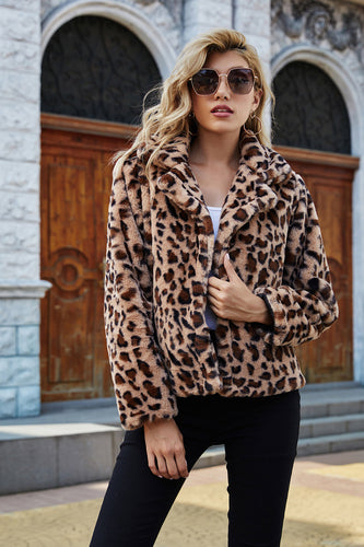 Brown Notched Lapel Leopard Printed Copped Faux Fur Women Coat