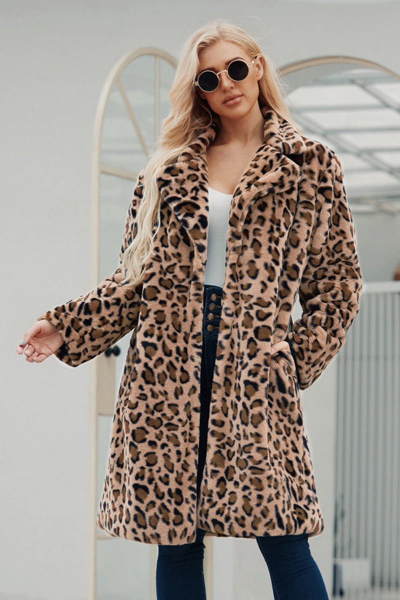 Load image into Gallery viewer, Brown Notched Lapel Leopard Printed Long Women Faux Fur Coat