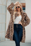 Brown Notched Lapel Leopard Printed Long Women Faux Fur Coat