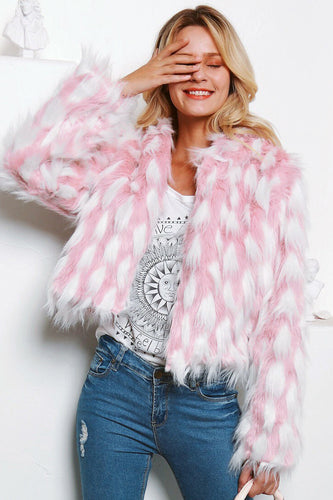 Pink Patchwork Cropped Women Faux Fur Coat