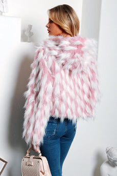 Pink Patchwork Cropped Women Faux Fur Coat