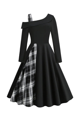 Retro Style One Shoulder Black Plaid 1950s Dress