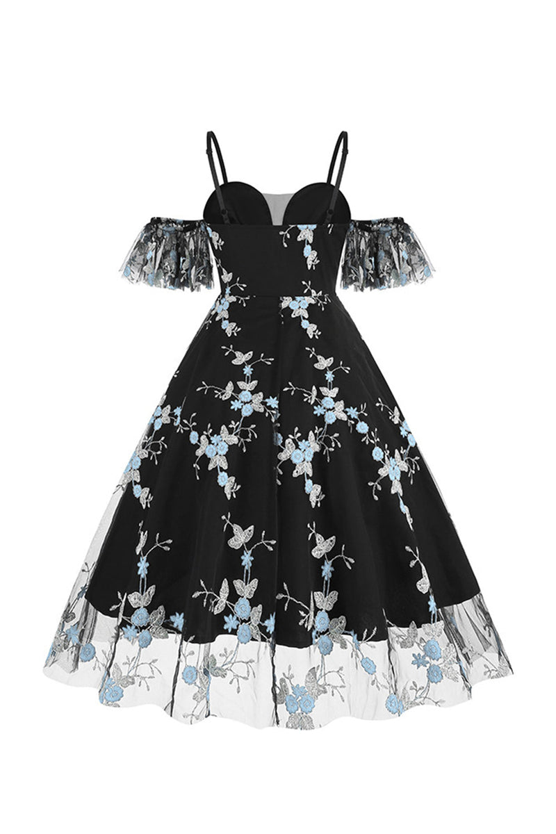 Load image into Gallery viewer, Off the Shoulder Blue 1950s Dress with Embroidery