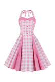 A Line Halter Neck Pink Plaid Pink 1950s Dress