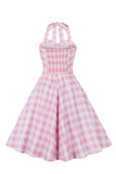 A Line Halter Neck Pink Plaid Pink 1950s Dress