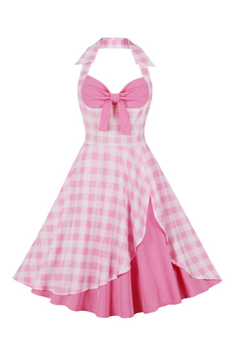 Retro Styles A Line Halter Neck Pink Plaid 1950s Dress