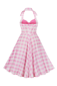 Retro Styles A Line Halter Neck Pink Plaid 1950s Dress
