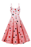 A Line Spaghetti Straps Pink Polka Dots Vintage Dress