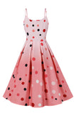 A Line Spaghetti Straps Pink Polka Dots Vintage Dress