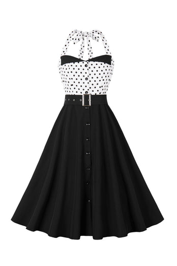 A Line Halter Neck Polka Dots Black 1950s Dress