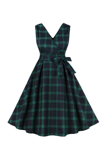 Green Plaid 1950s Swing Dress with Belt
