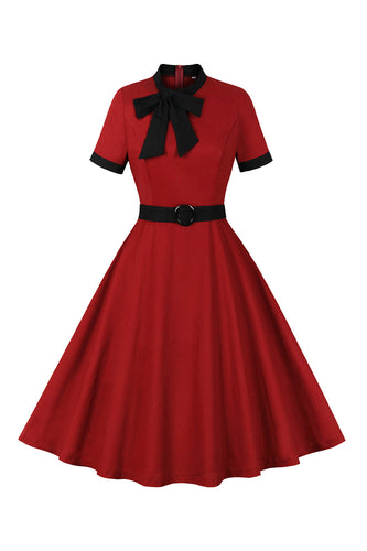 Red A Line 1950s Swing Dress with Belt