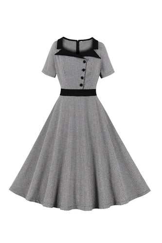 Plaid Black Swing 1950s Dress with Buttons