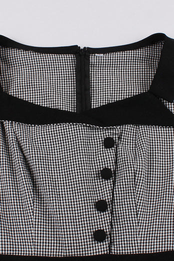 Plaid Black Swing 1950s Dress with Buttons