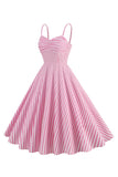 Spaghetti Straps Pink Stripes Swing 1950s Dress