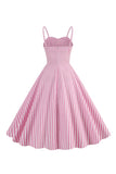 Spaghetti Straps Pink Stripes Swing 1950s Dress