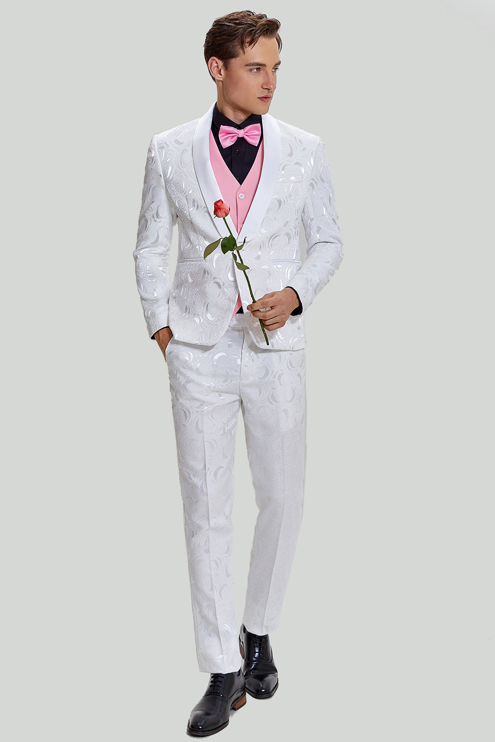 White Jacquard Satin 2 Piece Shawl Lapel Men's Prom Suits