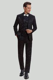 Men's Black 3-piece Jacquard Jacket Vest Pants Suit