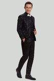 Men's Black 3-piece Jacquard Jacket Vest Pants Suit