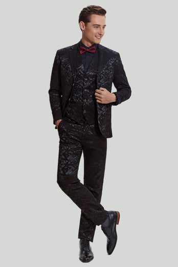 Men's Black 3-piece Jacquard Jacket Vest Pants Suit