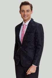 Black Jacquard Satin Notched Lapel Blazer