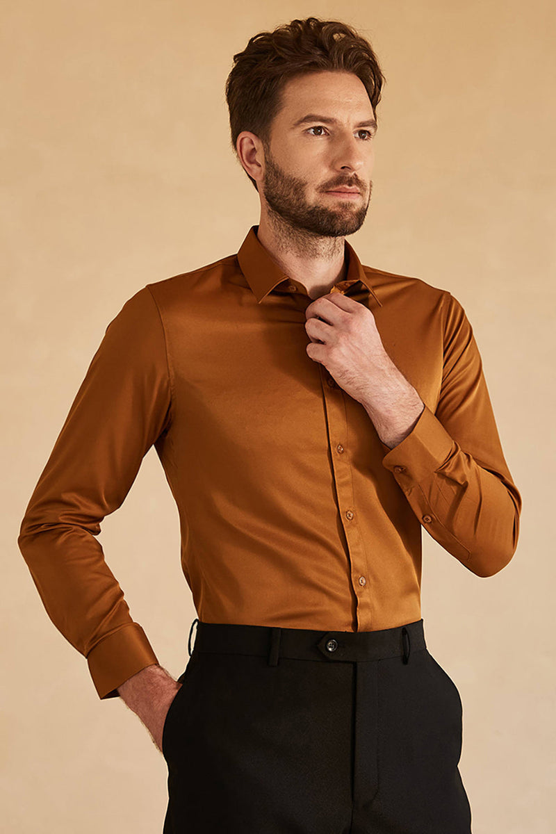 Load image into Gallery viewer, Long Sleeves Camel Solid Suit Shirt