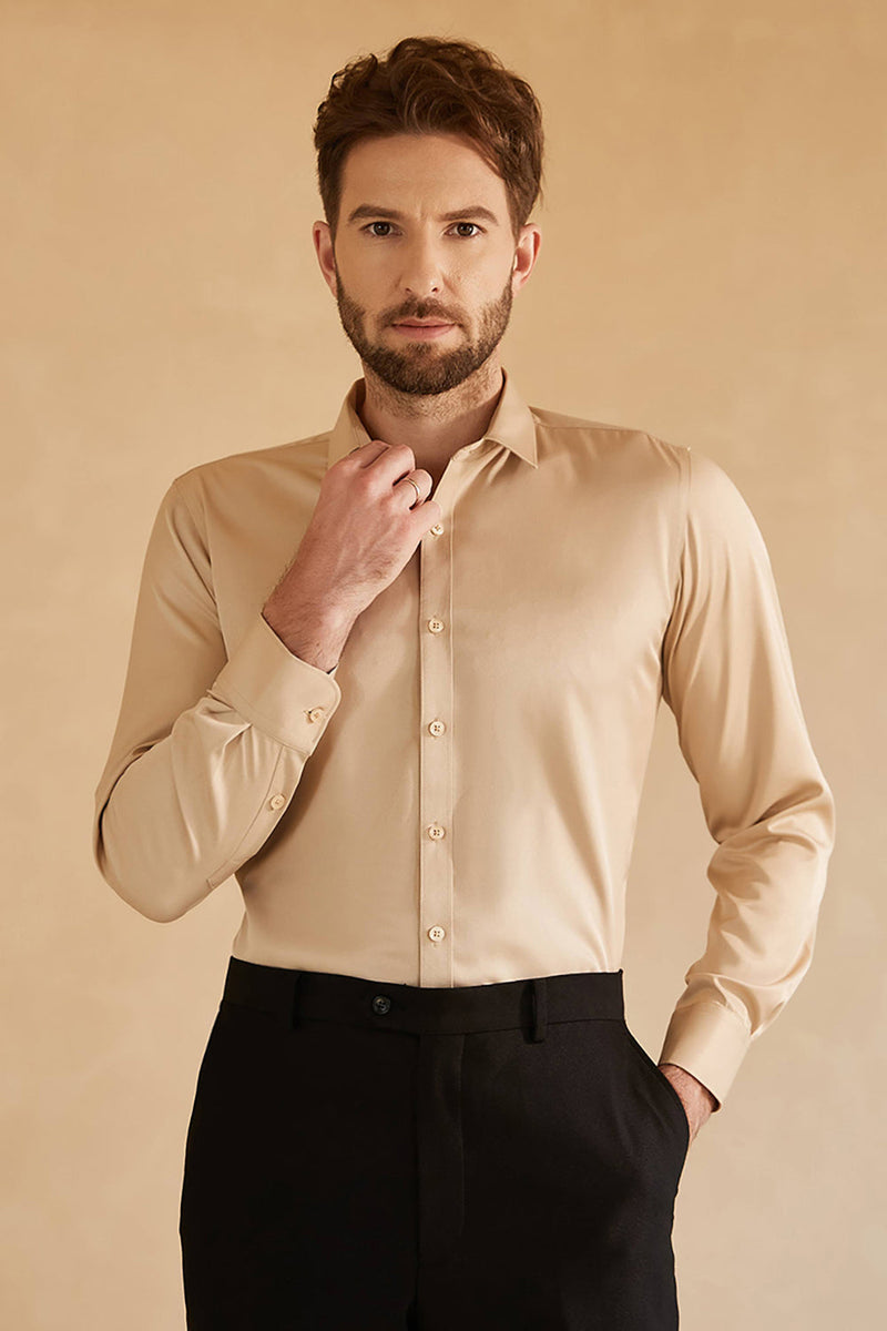 Load image into Gallery viewer, Long Sleeves Light Khaki Solid Suit Shirt