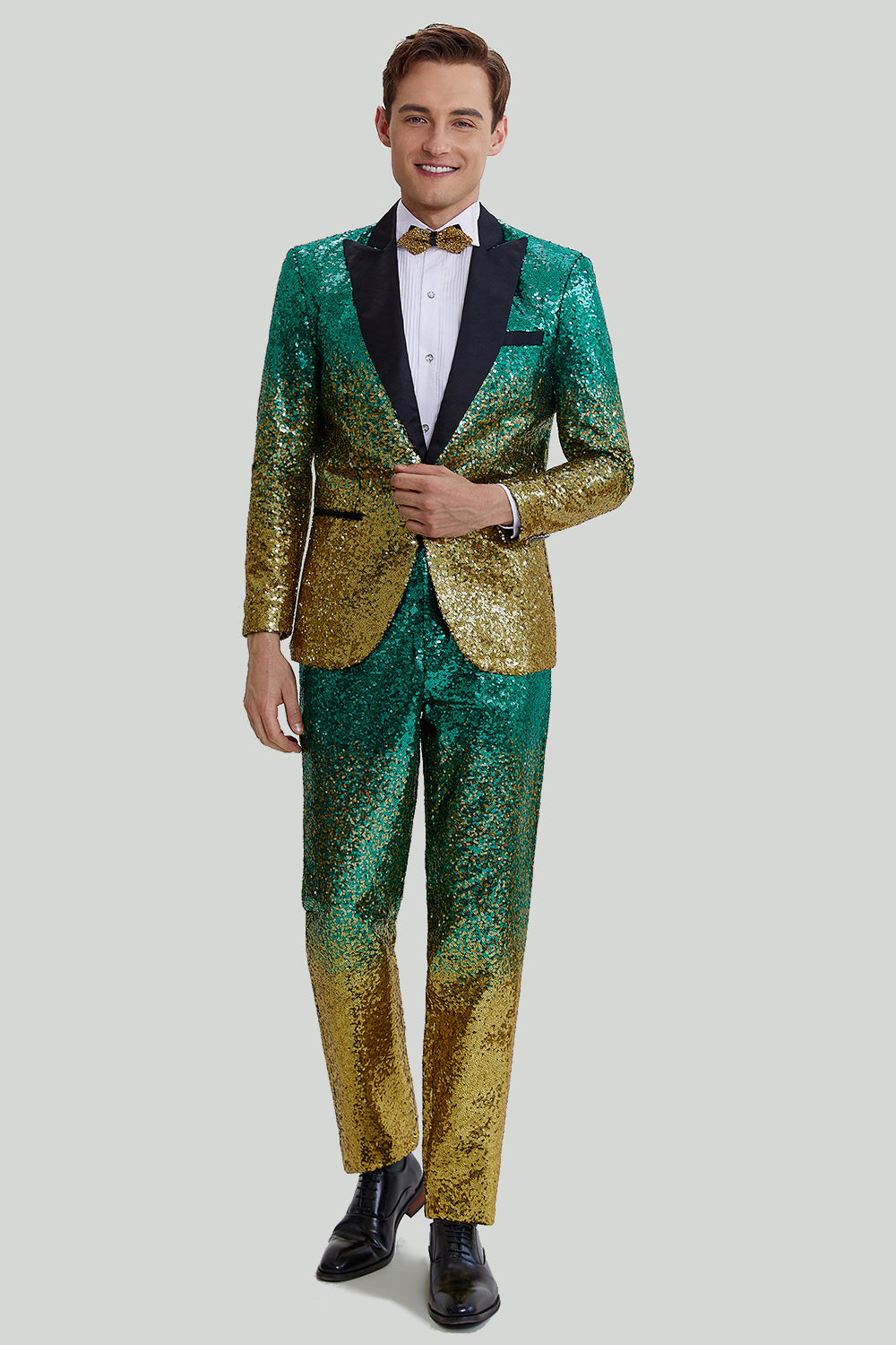 Gold Green 2 Piece Peaked Lapel Sequined Men's Suits