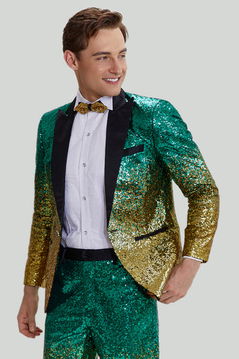 Gold Green 2 Piece Peaked Lapel Sequined Men's Suits