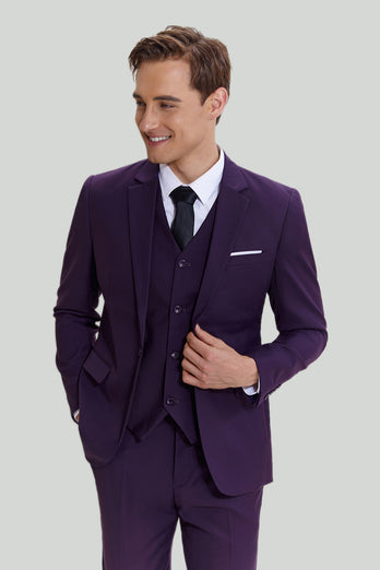 Purple Notched Lapel 3 Piece Tuxedo One Button Men's Suits