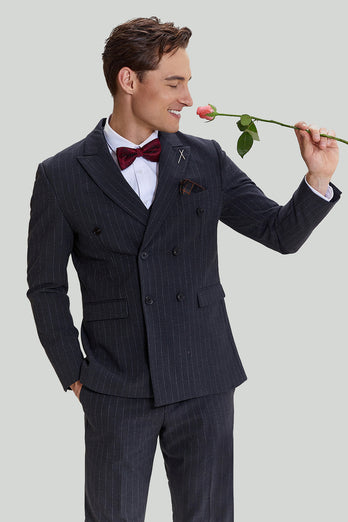 Men's 3 Piece Pinstripe Dark Grey Tuxedo Suit