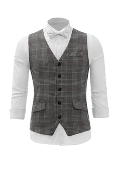 Grey Plaid Shawl Lapel Men's Vest with Shirt Accessories Set