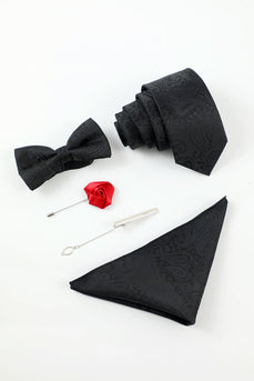 Black Jacquard Men's 5-Piece Accessory Set Tie and Bow Tie Pocket Square Flower Lapel Pin Tie Clip
