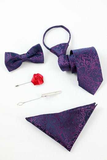 Purple Jacquard Men's 5-Piece Accessory Set Tie and Bow Tie Pocket Square Flower Lapel Pin Tie Clip