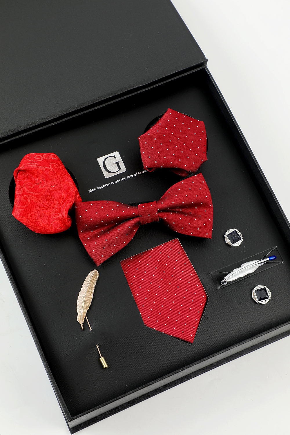 Red Men's Accessory Set Tie and Bow Tie Two Pocket Square Lapel Pin Tie Clip Cufflinks