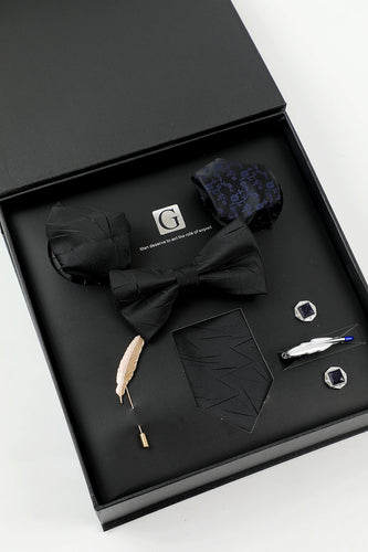 Black Men's Accessory Set Tie and Bow Tie Two Pocket Square Lapel Pin Tie Clip Cufflinks