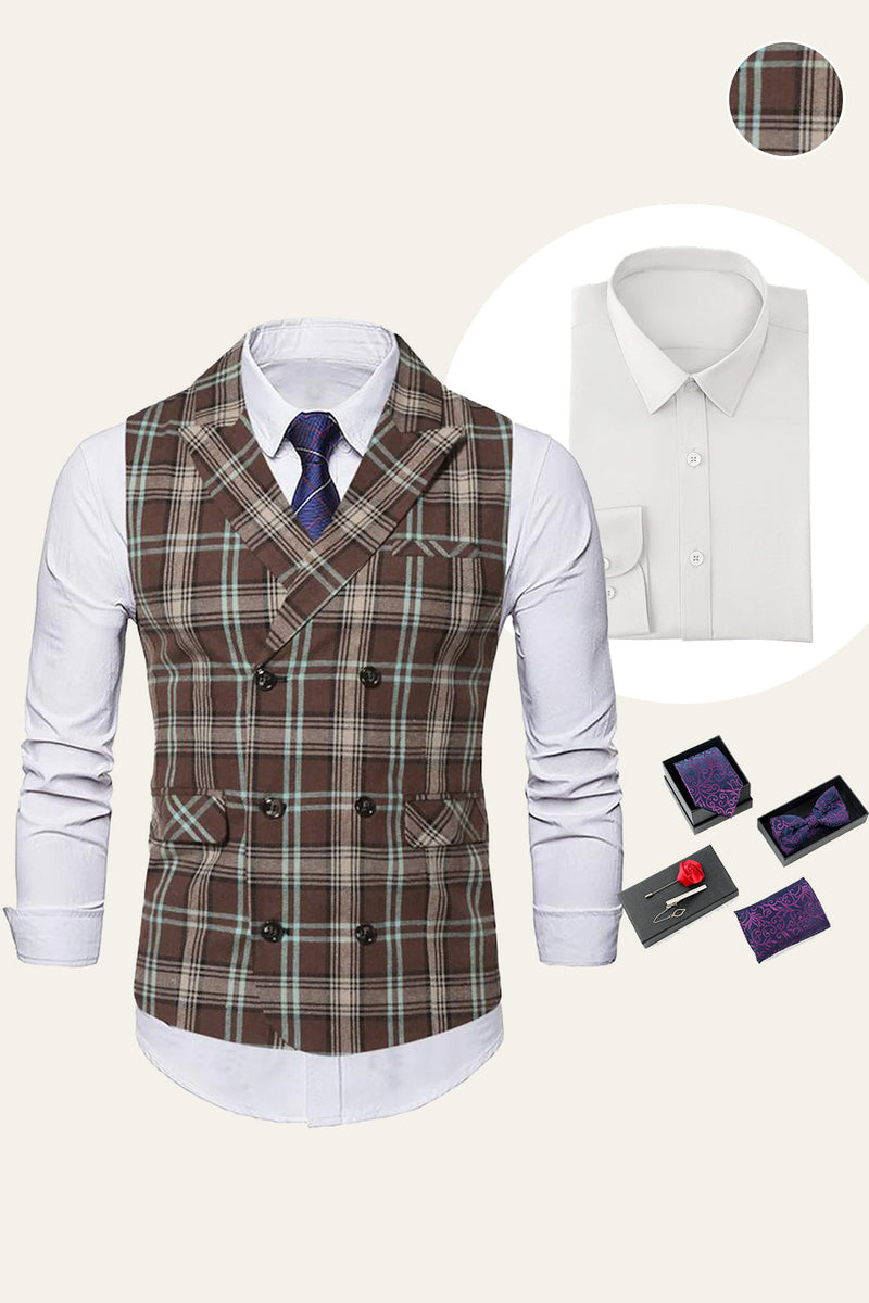 Load image into Gallery viewer, Coffee Peak Lapel Plaid Men Vest with Shirt Accessories Set