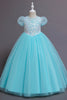 Load image into Gallery viewer, Tulle Puff Sleeves Light Blue Flower Girl Dress with Sequins
