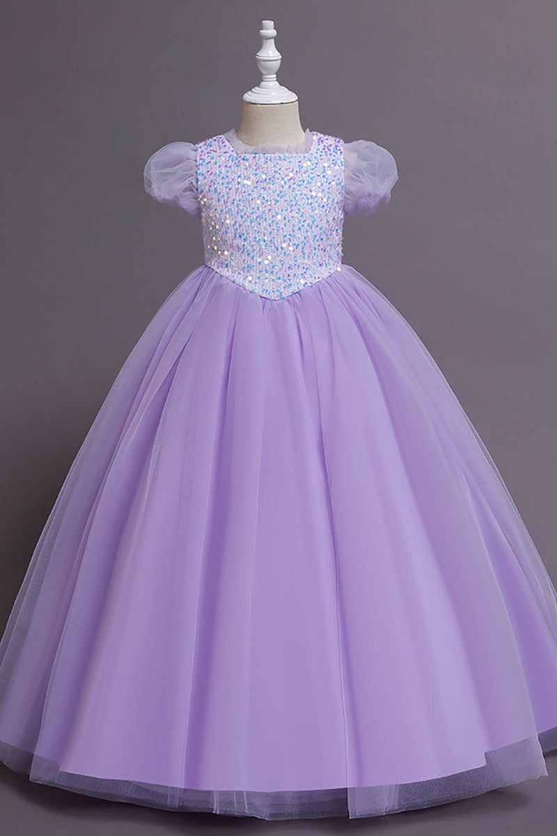 Load image into Gallery viewer, Tulle Puff Sleeves Light Blue Flower Girl Dress with Sequins