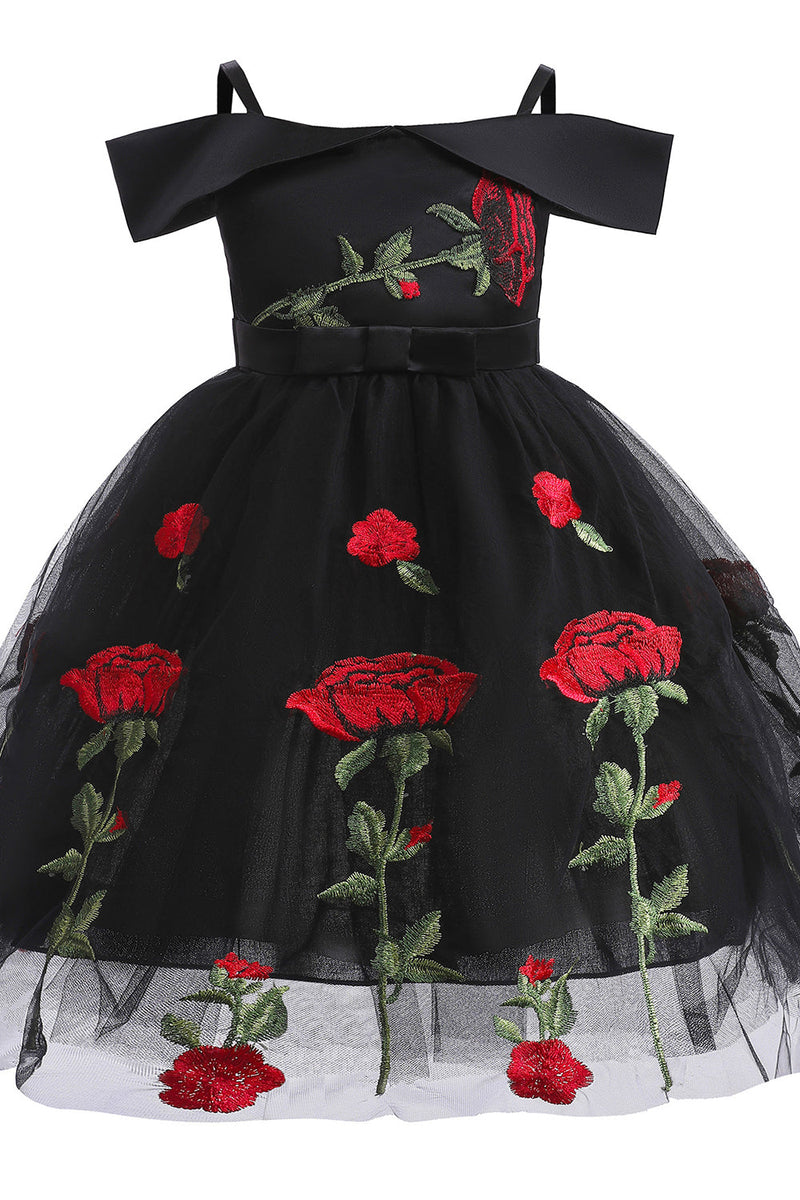 Load image into Gallery viewer, Cold Shoulder Black Flower Girl Dress with Embroidery