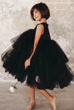 Tiered Boat Neck Black Flower Girl Dress