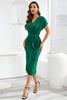 Load image into Gallery viewer, Sheath V Neck Green Tea Length Wedding Guest Party Dress