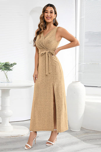 A Line V Neck Gold Long Wedding Guest Party Dress with Silt